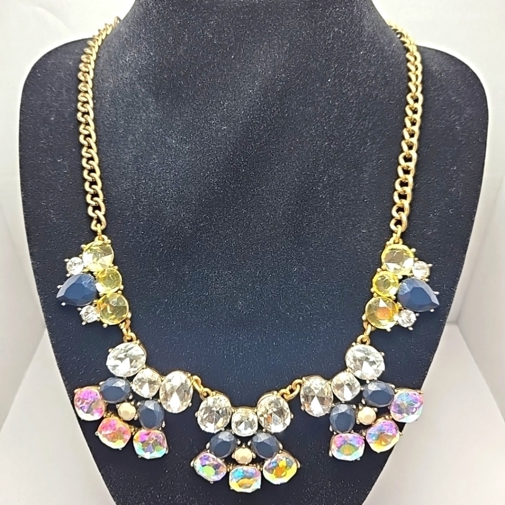 J CREW Faceted Crystals Gold Tone Statement Bib Chain Necklace Navy Adjustable